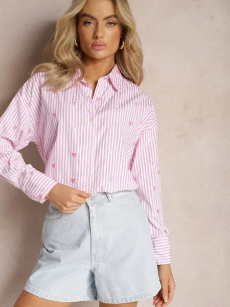 Koszula Ozdobiona Wzorem w Cienkie i Serduszka Vatille różowa