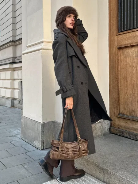 Bershka Trencz Oversize Z Wełną Kobieta Xs szary