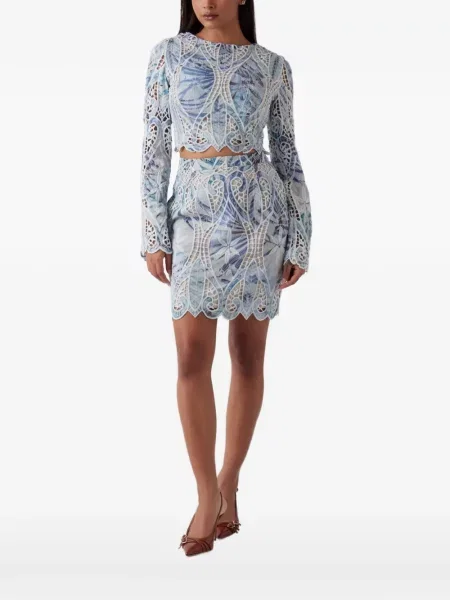 Lung top Guess din dantelă albastru