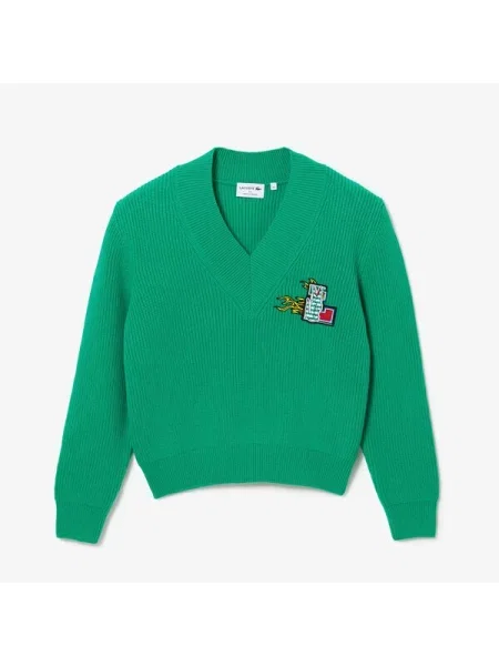 Lacoste Sweter Świąteczny Z Wełnianym Dekoltem W Serek Lacoste zielony