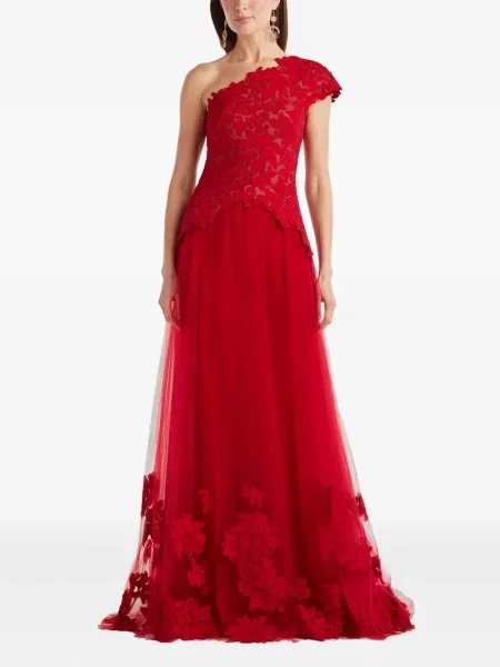 Gėlėtas kostiumas maxi suknele Tadashi Shoji vieno peties raudona
