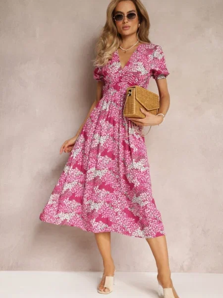 Rochie midi fuchsia din cu mâneci scurte și decolteu adânc Emsle roz