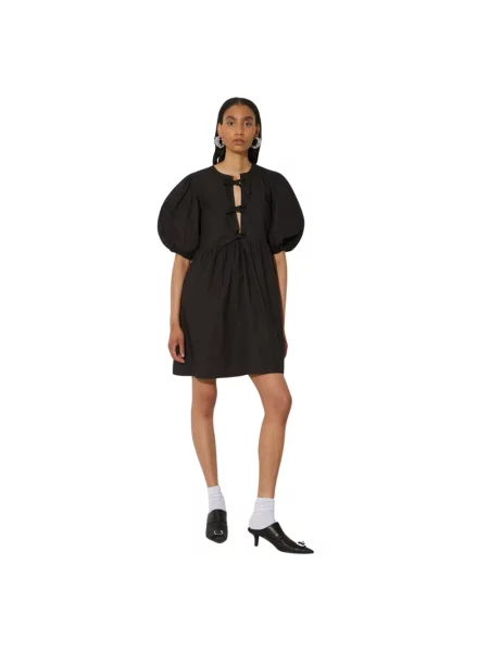 GANNI sukienka Cotton Poplin Tie String Mini Dress mini rozkloszowana czarny