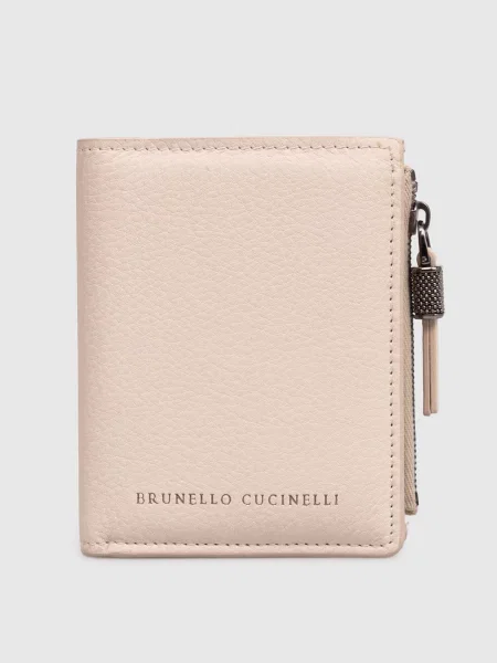 Шкіряне портмоне з принтом логотипа Brunello Cucinelli бежеве