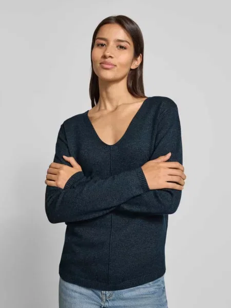 Sweter z dzianiny ze szwem działowym model ‘Claura’ Free/quent granatowy