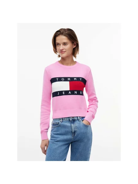 Sveter Tommy Hilfiger s okrúhlym výstrihom ružová