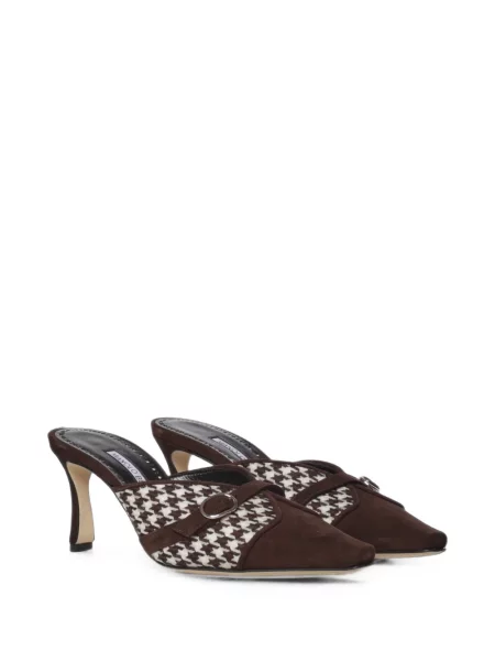 Papuci tip mules Manolo Blahnik cu model pepito cu cataramă maro