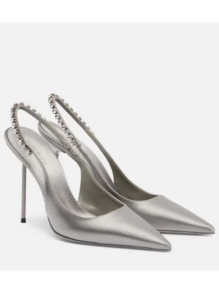 Pantofi cu toc Paris Texas din satin slingback argintiu