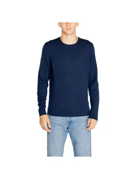 Sweter Calvin Klein wełniany z okrągłym dekoltem niebieski