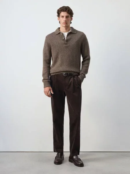 Sweter polo z dzianiny z mieszanki wełny khaki Mężczyzna S MANGO MAN