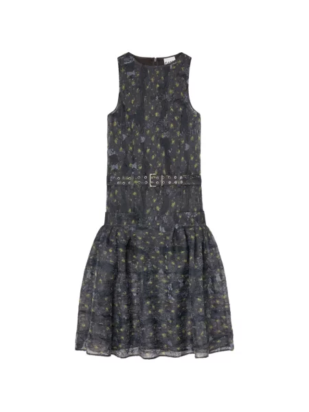 Rochie midi Ganni cu model floral până la genunchi de costum gri