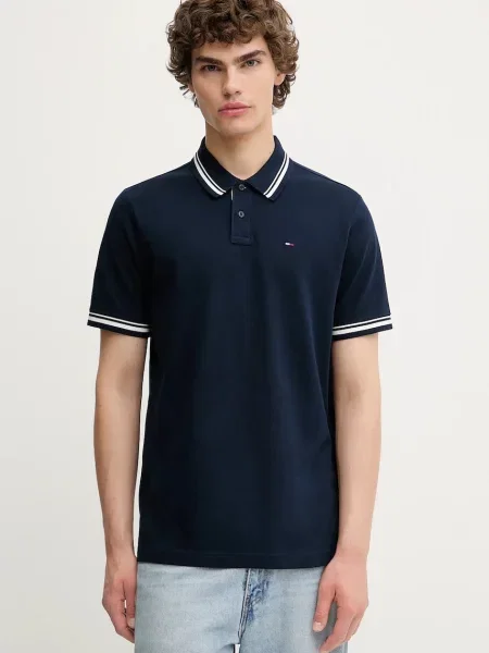 Тениска с яка Tommy Jeans с изчистен дизайн тъмносиньо
