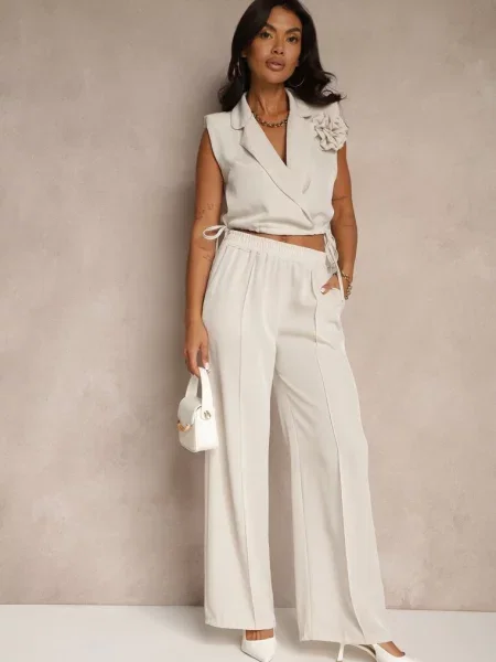 Komplet Spodnie o Szerokim Kroju i Kopertowa Bluzka ze Ściągaczem Reavilora beżowy