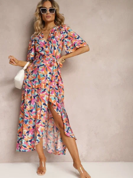 Rochie Bej-Roz cu Decolteu Petrecut și din cu Imprimeu Floral Lalele bej