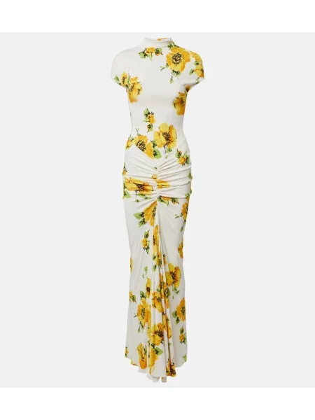Rochie maxi Alaïa cu model floral cu volane din jerseu alb