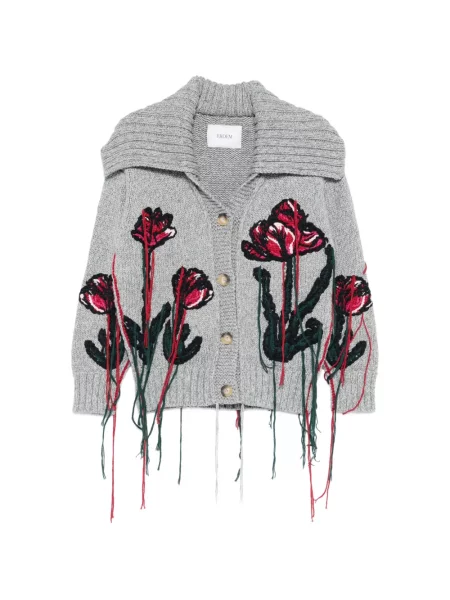 Cardigan Erdem cu franjuri cu model floral gri