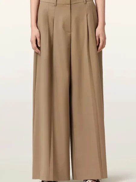 AllSaints spodnie wide leg z wełną POPPY brązowe