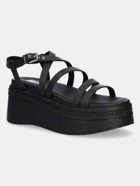 Tommy Jeans sandale de piele WEDGY STRAPPY SANDAL femei cu platforma negru