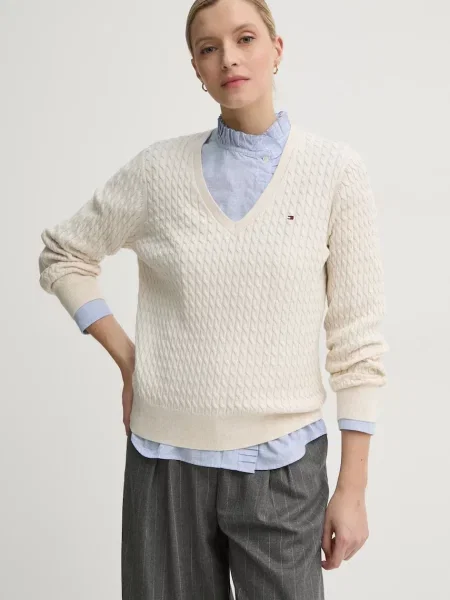 Sweter z dzianiny o kroju regular fit z czystej bawełny Tommy Hilfiger beżowy