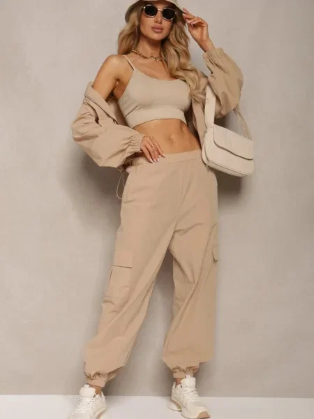 Compleu Trening Pantaloni Talie Bluză Manșetă Taliazena bej