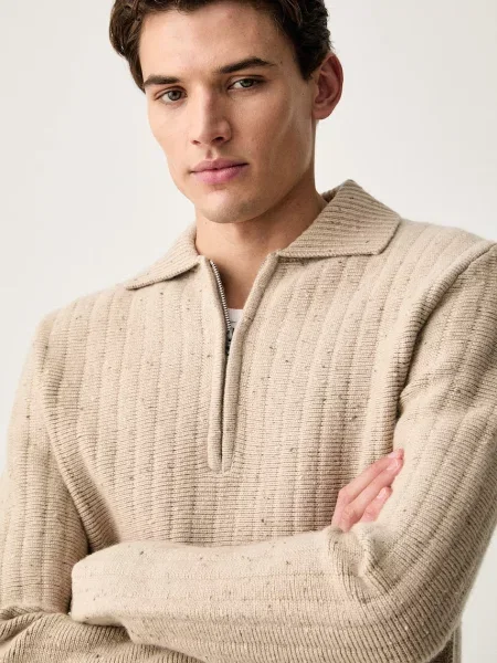 G-Star pulóver férfi gyapjú hozzáadásával Polo collar half zip bézs