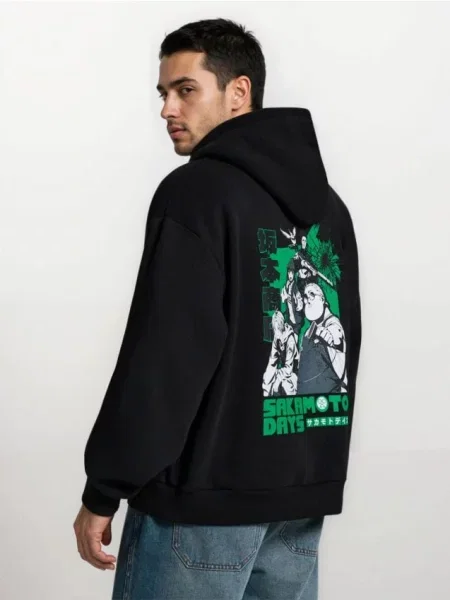 Sinsay Bluza hoodie z nadrukiem Sakamoto Days czarny