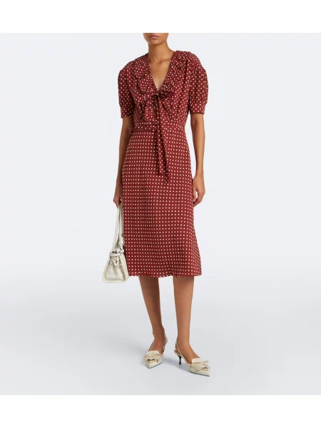 Rochie midi Prada de mătase cu buline cu volane maro