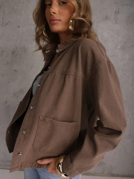 Koszulowa Kurtka z Jeansu z Bawełny z Naszytymi Giorriane brązowa