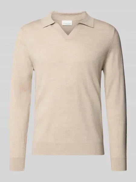 Sweter z dzianiny z kołnierzykiem polo i dekoltem w serek Profuomo beżowa