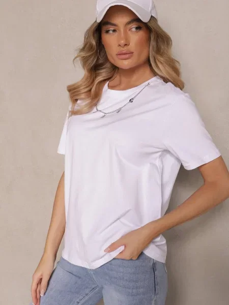 T-shirt z Bawełny z Ozdobnym Łańcuszkiem Imitującym Naszyjnik Sohna biały
