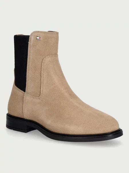 Tommy Hilfiger боти челси дамски от велур ENAMEL FLAG SUEDE ANKLE CHELSEA бежово