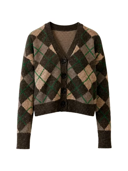 Cardigan Weekend Max Mara tricotate cu decolteu în V cu model argyle maro