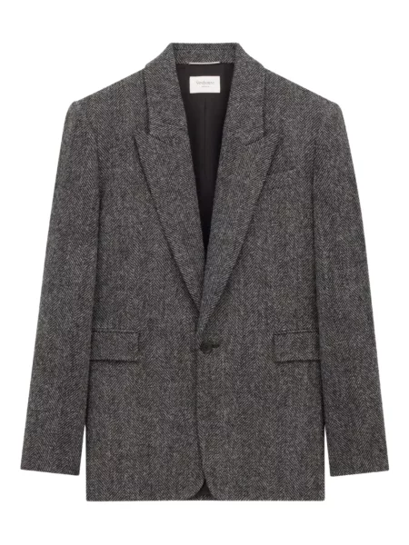 Sacou Saint Laurent de lână cu model herringbone negru