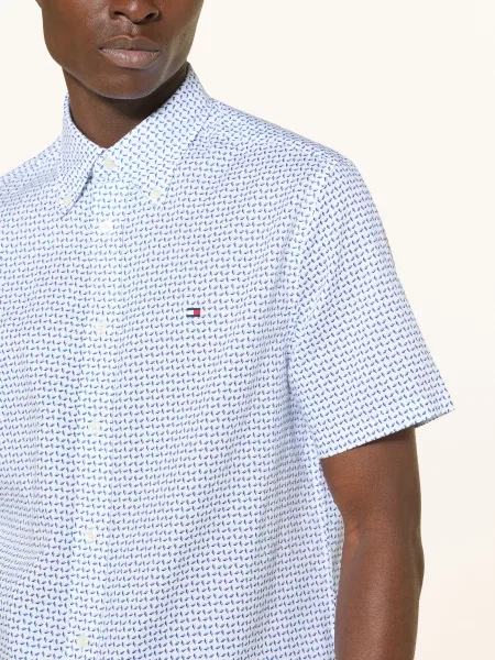 Tommy Hilfiger Košile S Krátkým Rukávem Regular Fit S Lnem / tmavě modrá bílá