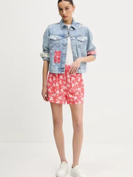 Tommy Jeans szorty wzorzyste high waist pomarańczowy