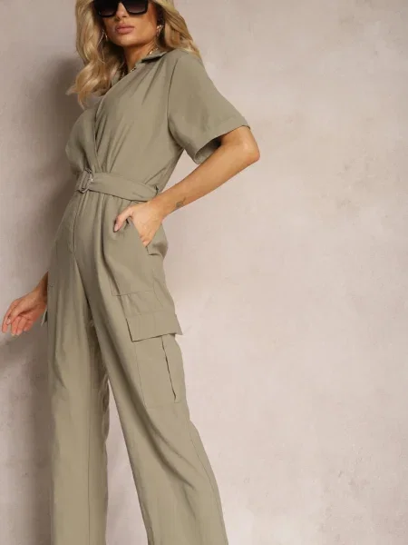 Închis Salopetă Lungă Stil Utility Cargo Guler Qillilena verde