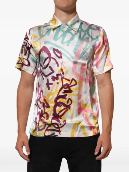 Cămașă Dolce & Gabbana de mătase cu imagine alb