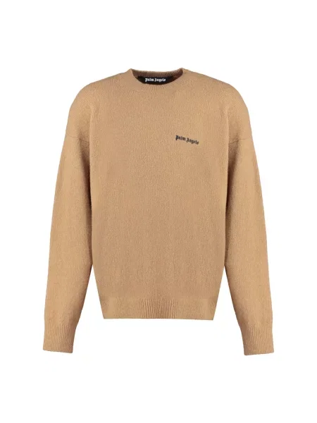 Sweter Palm Angels wełniany z okrągłym dekoltem z logo brązowy