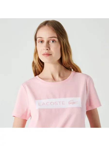 Lacoste Kadın Slim Fit Bisiklet Yaka Baskılı Pembe T-Shirt różowa