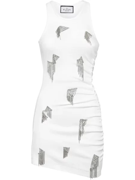 Sukienka mini Philipp Plein z frędzli garniturowa prążkowana biała
