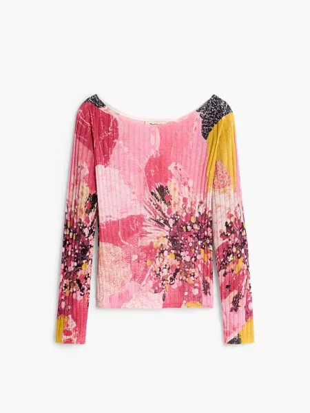 Desigual Sveter čokoládová / tmavooranžová / rosé / svetločervená