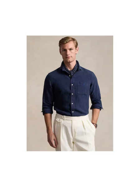 Lniana długa koszula Polo Ralph Lauren z długim rękawem niebieska