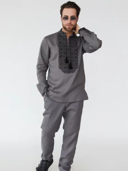 Лляна Вишита сорочка Folk Moda графіт