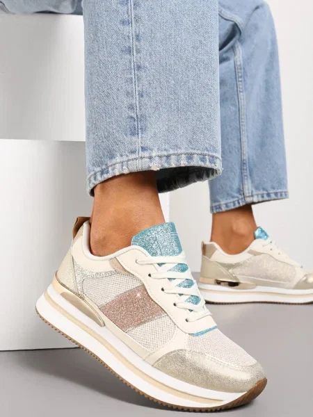 Sneakersy Ozdobione Brokatem i Kolorowymi Wstawkami Veradis złote