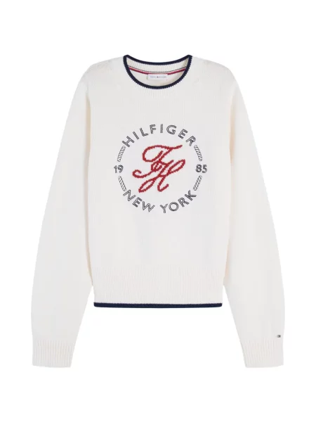 Pulover Tommy Hilfiger cu broderie cu decolteu rotund alb