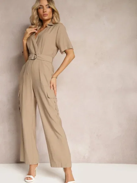 Salopeta Utilitară Lungă cu Cargo și Guler Qillilena bej