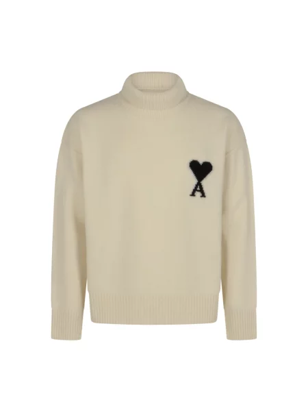 Sweter z golfem Ami Paris wełniany do golfa beżowy