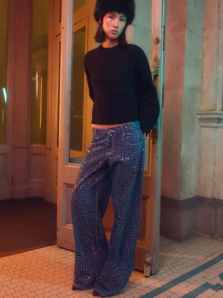 Bershka Jeansy Wide Leg Cekinowe Kobieta 32 granatowy