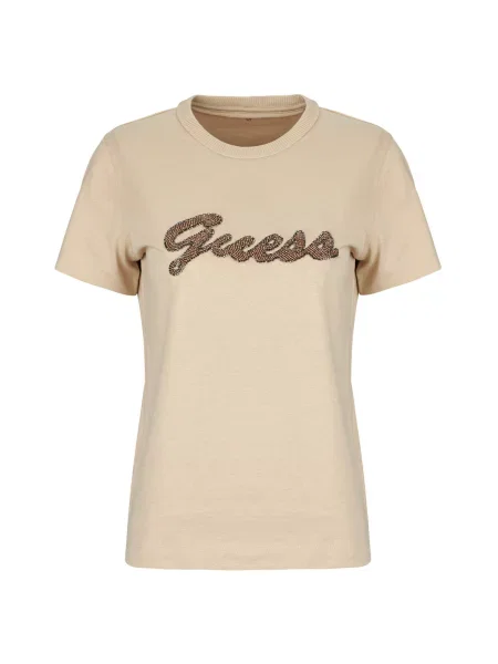 Majica Guess s kratkimi rokavi kroglice bež