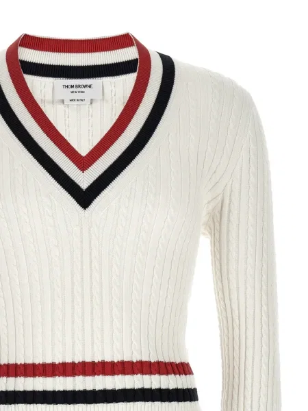 Pulover Thom Browne cu decolteu în V alb